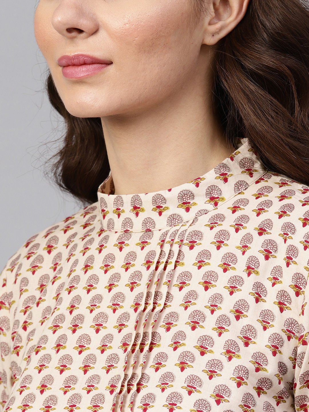 White Printed Closed Collar With Back Slit Opening 3/4Th Sleeve Front Pleated Kurta With Side Pockets With Solid Ciggratte Pants | LASVINI - Redefining Indian Fashion with Elegance