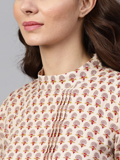 White Printed Closed Collar With Back Slit Opening 3/4Th Sleeve Front Pleated Kurta With Side Pockets With Solid Ciggratte Pants | LASVINI - Redefining Indian Fashion with Elegance