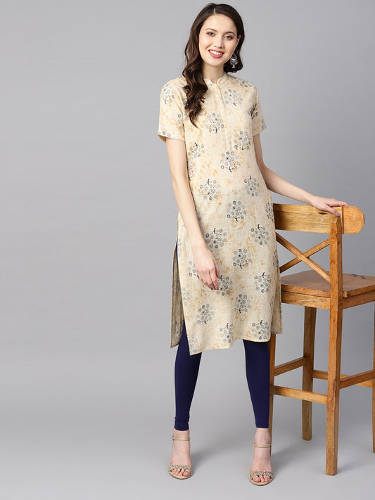 Cream Printed Chinese Collar With Placket Opening Half Sleeves Straight Kurta | LASVINI - Redefining Indian Fashion with Elegance