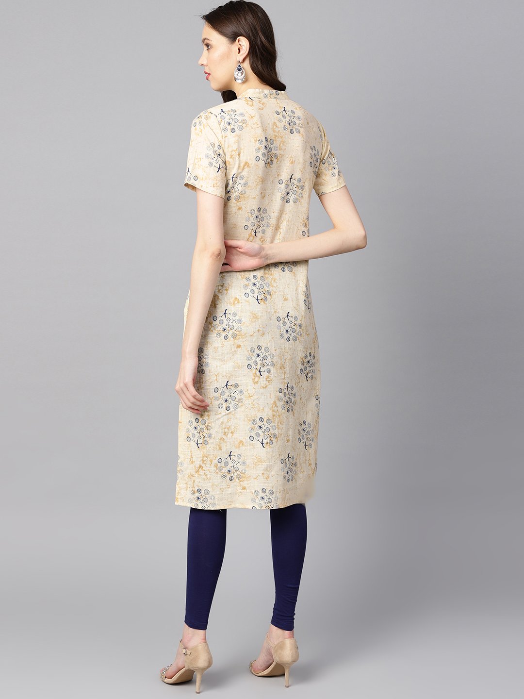 Cream Printed Chinese Collar With Placket Opening Half Sleeves Straight Kurta | LASVINI - Redefining Indian Fashion with Elegance