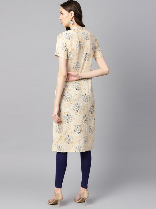 Cream Printed Chinese Collar With Placket Opening Half Sleeves Straight Kurta | LASVINI - Redefining Indian Fashion with Elegance