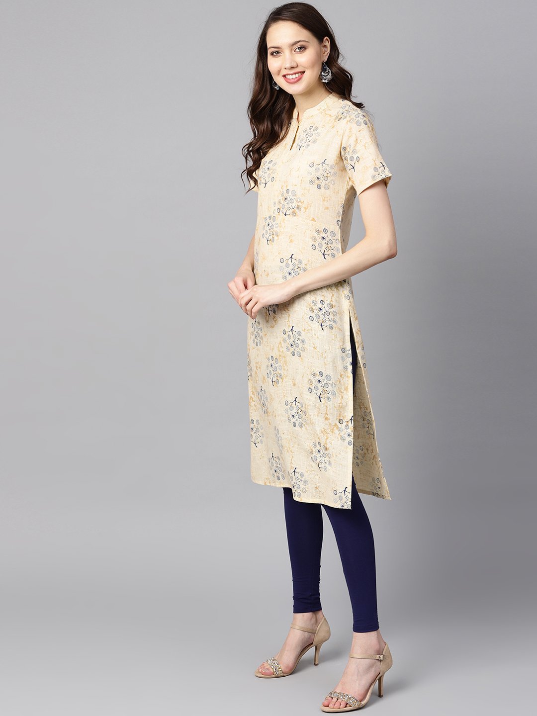 Cream Printed Chinese Collar With Placket Opening Half Sleeves Straight Kurta | LASVINI - Redefining Indian Fashion with Elegance