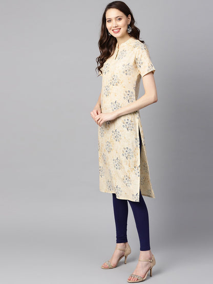 Cream Printed Chinese Collar With Placket Opening Half Sleeves Straight Kurta | LASVINI - Redefining Indian Fashion with Elegance