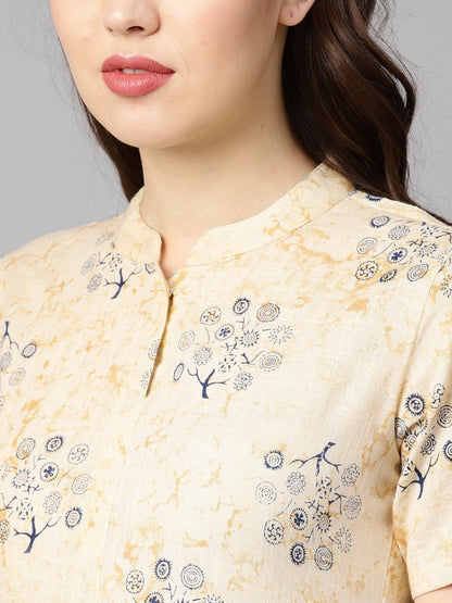 Cream Printed Chinese Collar With Placket Opening Half Sleeves Straight Kurta | LASVINI - Redefining Indian Fashion with Elegance