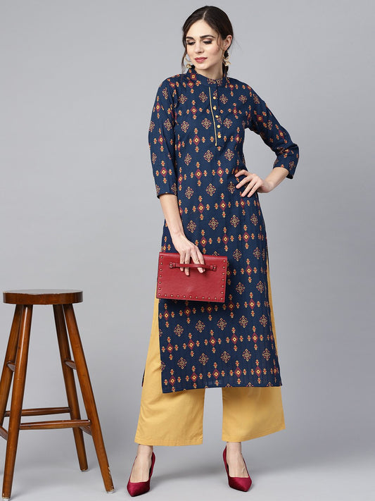 Navy Blue Geometric Printed 3/4Th Sleeve Kurta Set With Solid Yellow Pants | LASVINI - Redefining Indian Fashion with Elegance