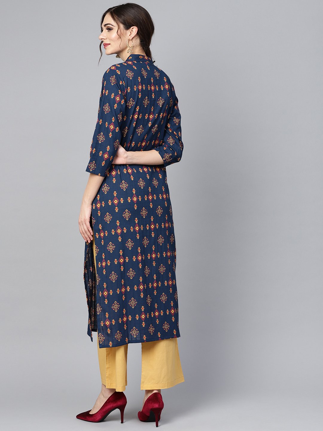 Navy Blue Geometric Printed 3/4Th Sleeve Kurta Set With Solid Yellow Pants | LASVINI - Redefining Indian Fashion with Elegance