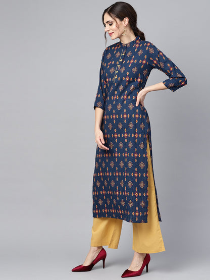 Navy Blue Geometric Printed 3/4Th Sleeve Kurta Set With Solid Yellow Pants | LASVINI - Redefining Indian Fashion with Elegance