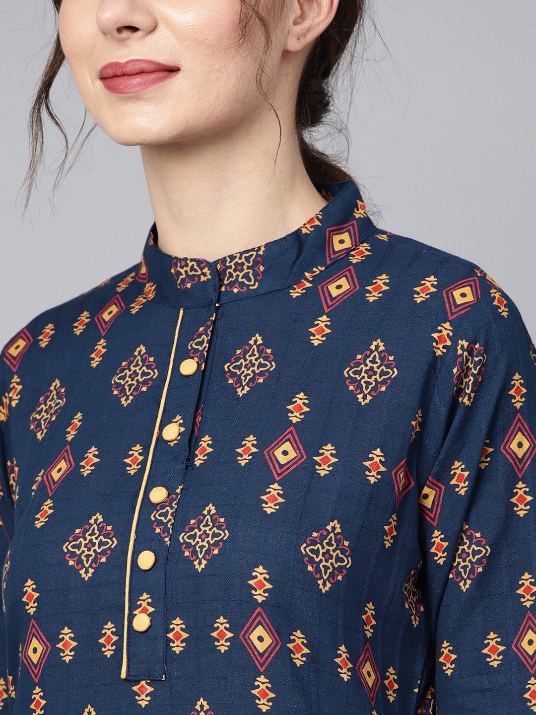Navy Blue Geometric Printed 3/4Th Sleeve Kurta Set With Solid Yellow Pants | LASVINI - Redefining Indian Fashion with Elegance