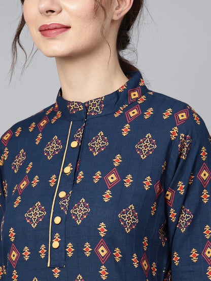 Navy Blue Geometric Printed 3/4Th Sleeve Kurta Set With Solid Yellow Pants | LASVINI - Redefining Indian Fashion with Elegance
