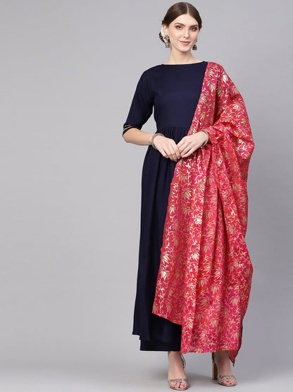 Women Navy Blue & Pink Solid Kurta With Palazzos & Dupatta | LASVINI - Redefining Indian Fashion with Elegance