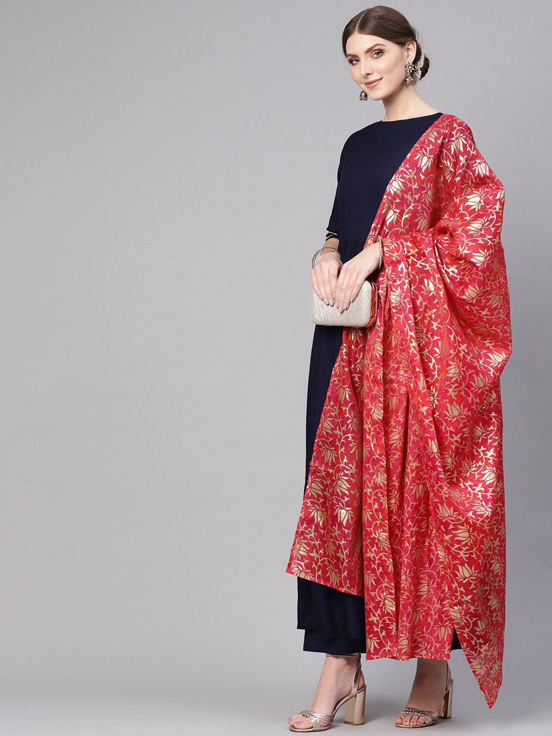 Women Navy Blue & Pink Solid Kurta With Palazzos & Dupatta | LASVINI - Redefining Indian Fashion with Elegance
