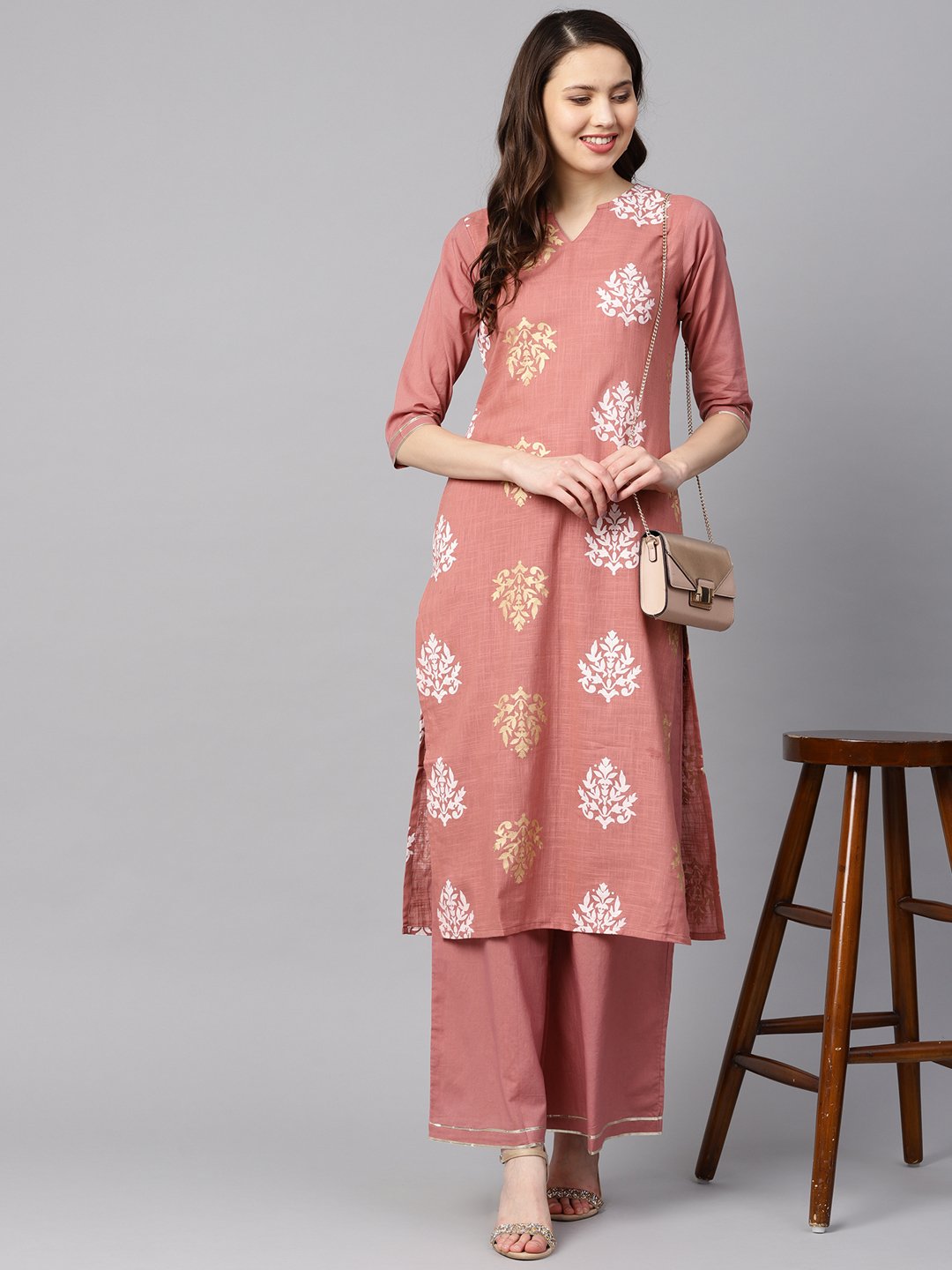 Mauve Colored Gold Printed Kurta Set With Solid Palazzo Embellished With Gotta | LASVINI - Redefining Indian Fashion with Elegance