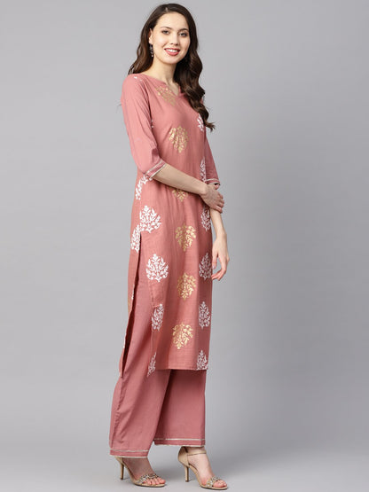 Mauve Colored Gold Printed Kurta Set With Solid Palazzo Embellished With Gotta | LASVINI - Redefining Indian Fashion with Elegance