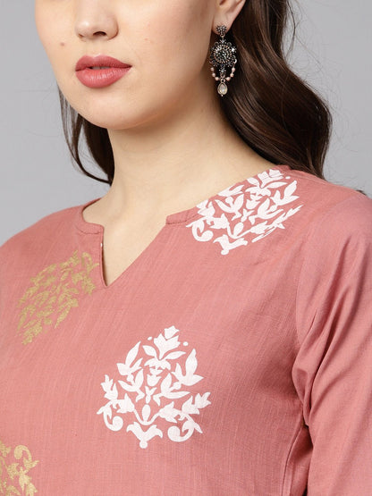 Mauve Colored Gold Printed Kurta Set With Solid Palazzo Embellished With Gotta | LASVINI - Redefining Indian Fashion with Elegance