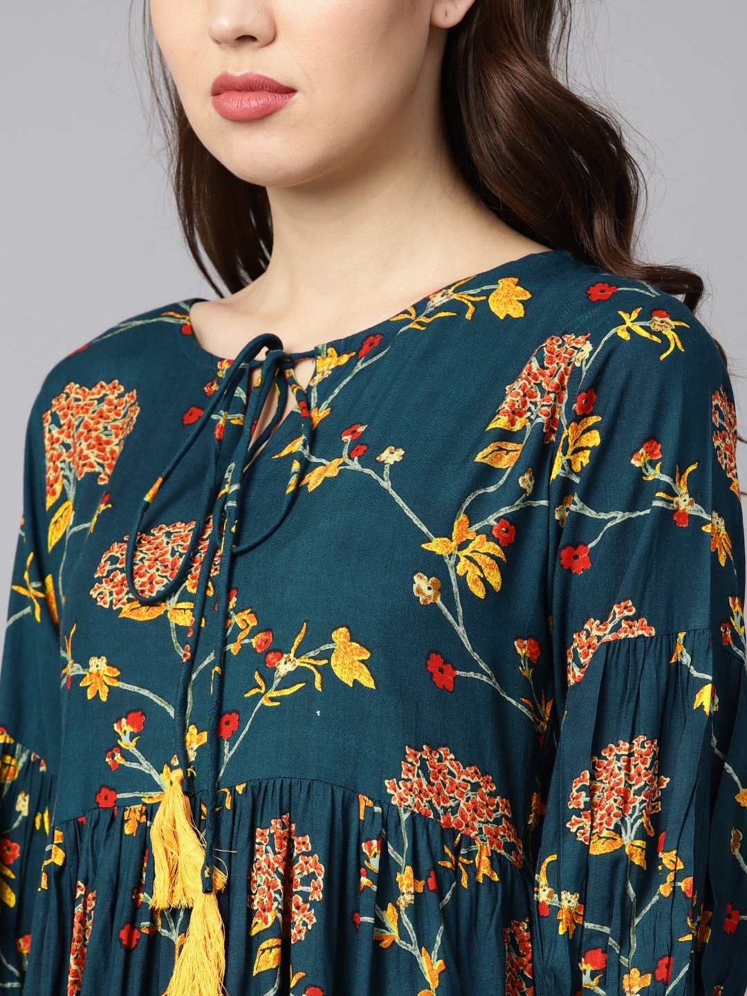 Dark Teal Turquiose Floral Printed Maxi Dress With Key Hole Neckline & 3/4 Sleeves | LASVINI - Redefining Indian Fashion with Elegance