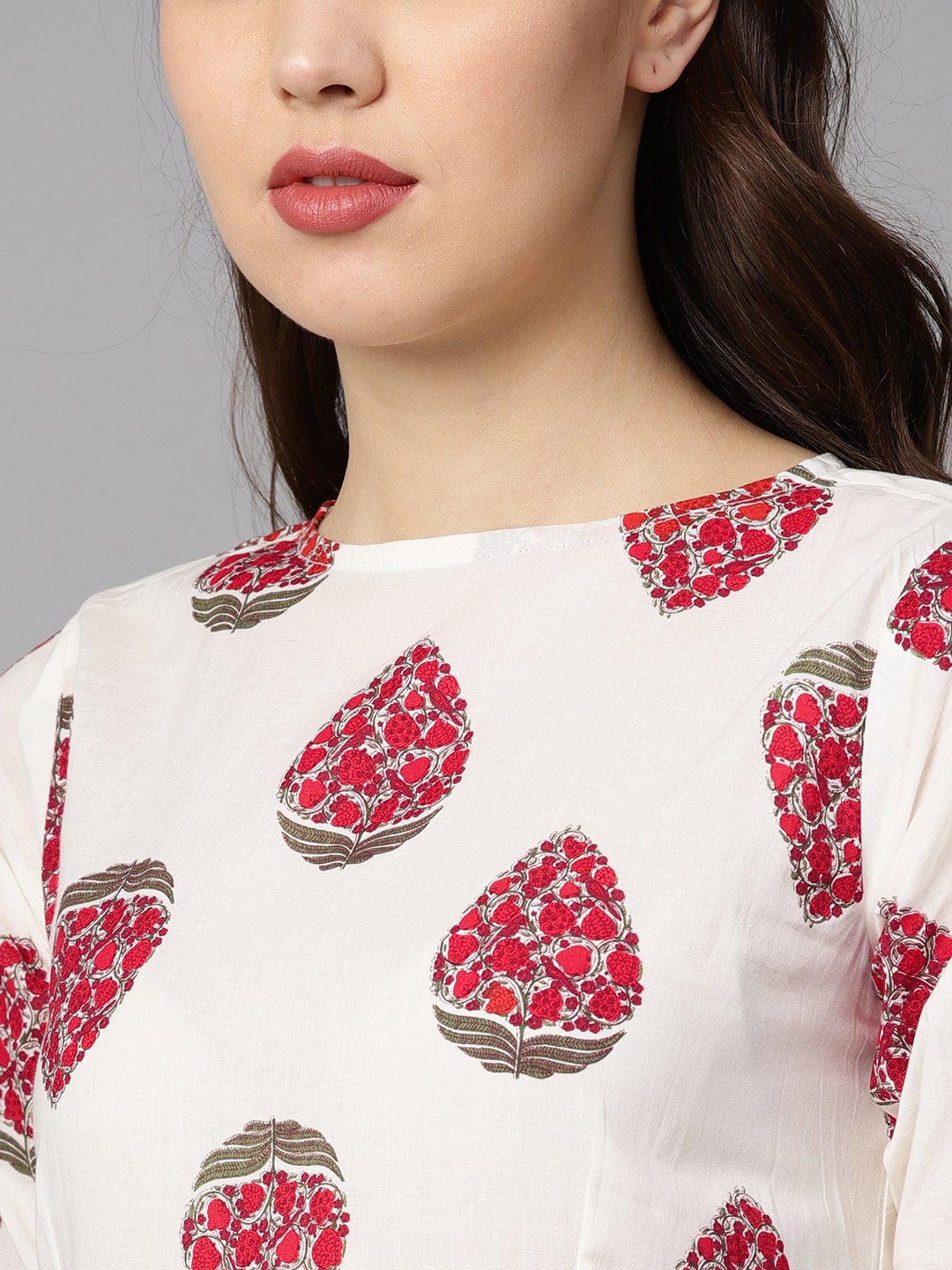 Floral Boota Attached With Solid Maroon Dress With Multiple Slits & 3/4 Sleeves | LASVINI - Redefining Indian Fashion with Elegance