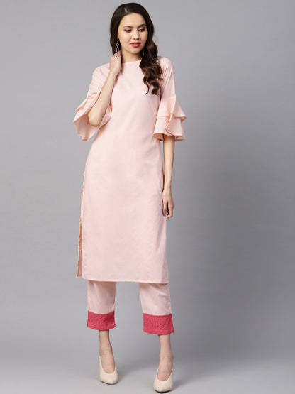 Solid Light Peach Straight Kurta With Flared Sleeves & Pants With Shifli Detailing | LASVINI - Redefining Indian Fashion with Elegance