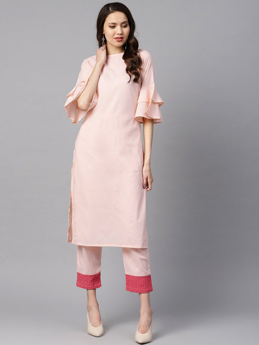 Solid Light Peach Straight Kurta With Flared Sleeves & Pants With Shifli Detailing | LASVINI - Redefining Indian Fashion with Elegance