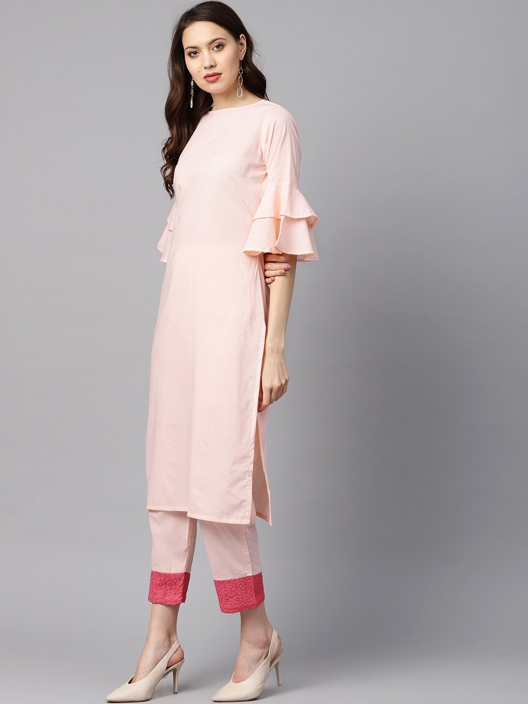 Solid Light Peach Straight Kurta With Flared Sleeves & Pants With Shifli Detailing | LASVINI - Redefining Indian Fashion with Elegance