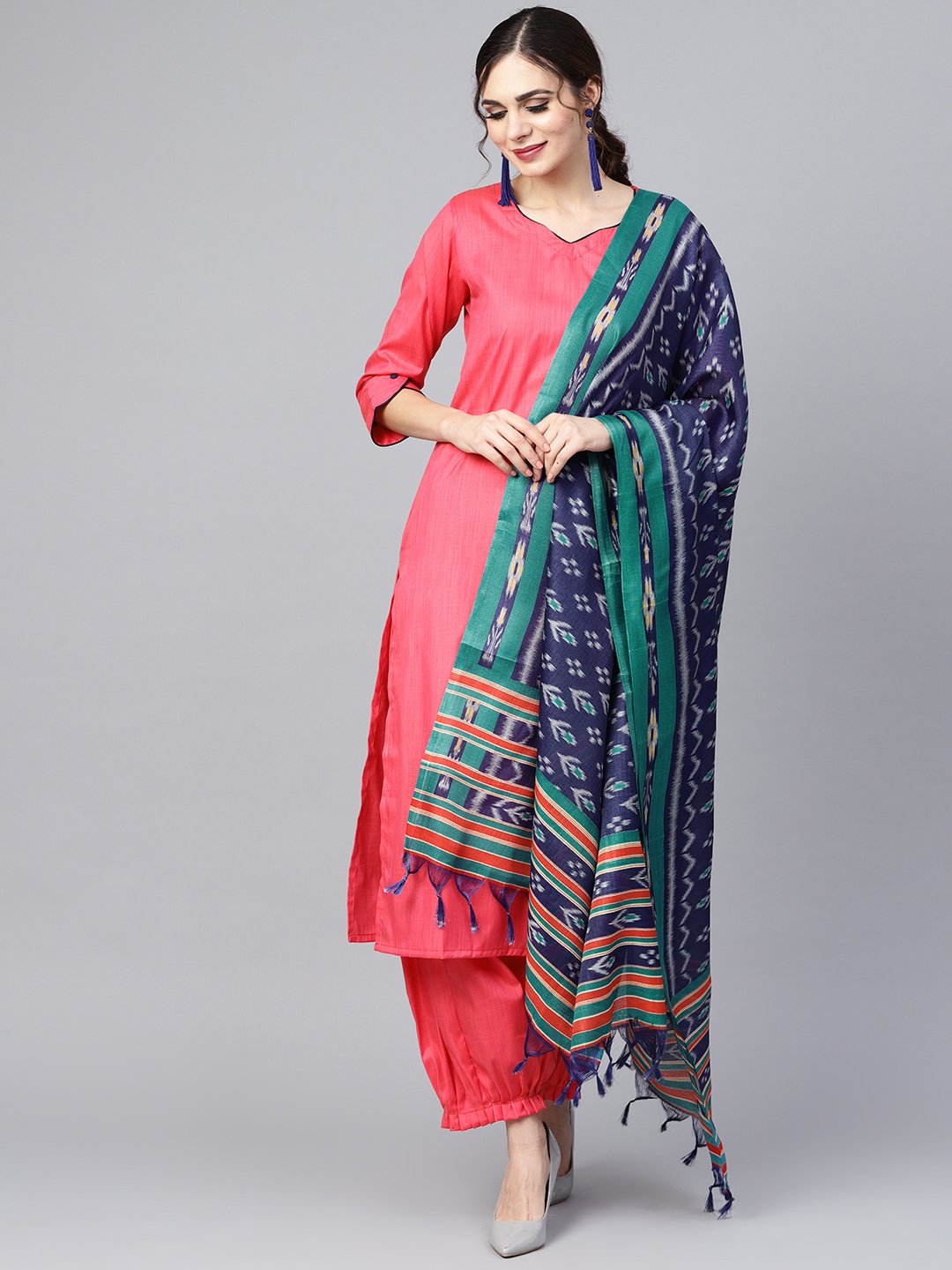 Red 3/4Th Sleeve Cotton Kurta Set With Pleated Salwar & Blue Dupatta | LASVINI - Redefining Indian Fashion with Elegance