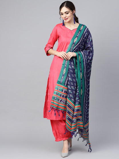 Red 3/4Th Sleeve Cotton Kurta Set With Pleated Salwar & Blue Dupatta | LASVINI - Redefining Indian Fashion with Elegance