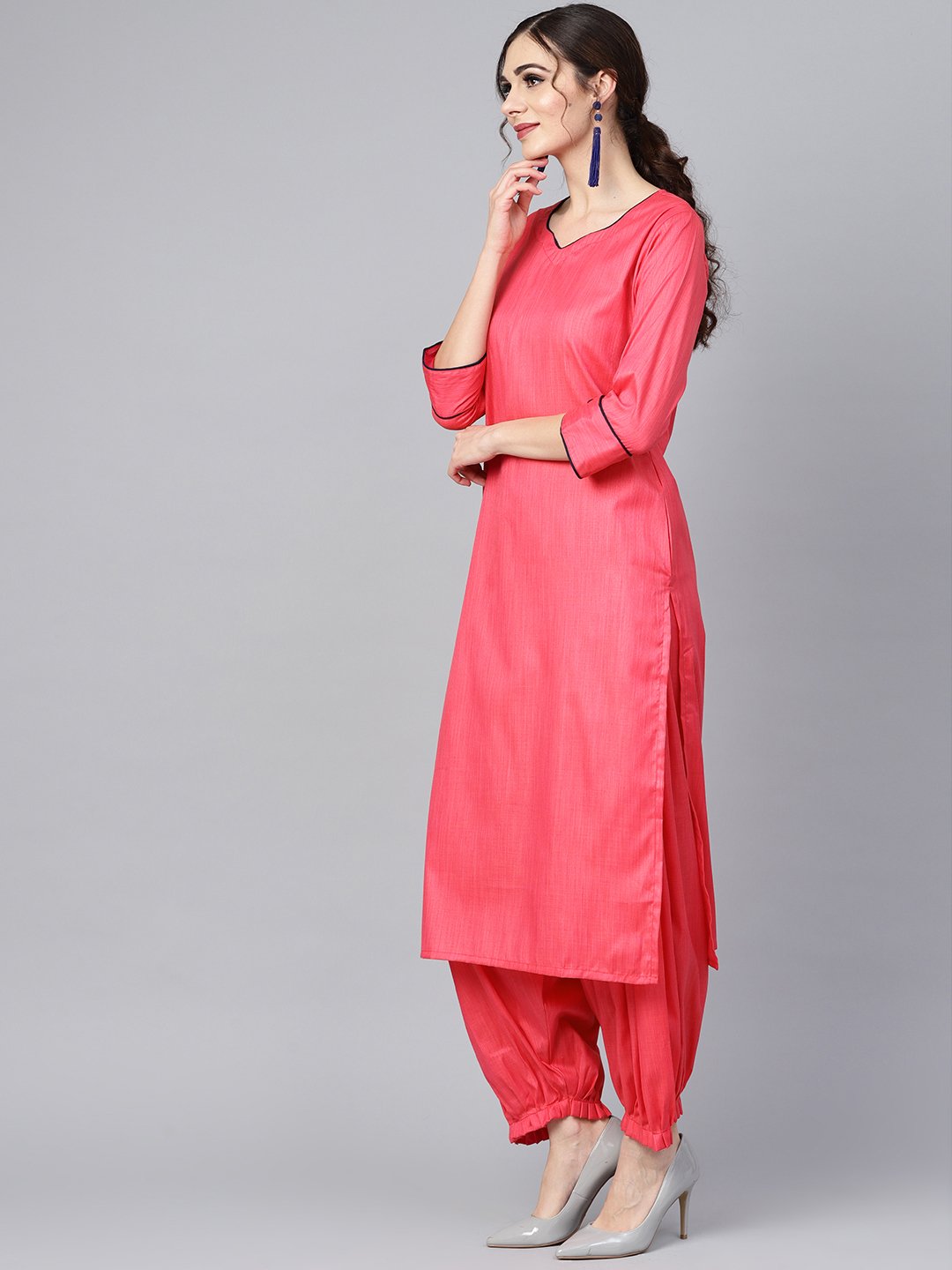 Red 3/4Th Sleeve Cotton Kurta Set With Pleated Salwar & Blue Dupatta | LASVINI - Redefining Indian Fashion with Elegance