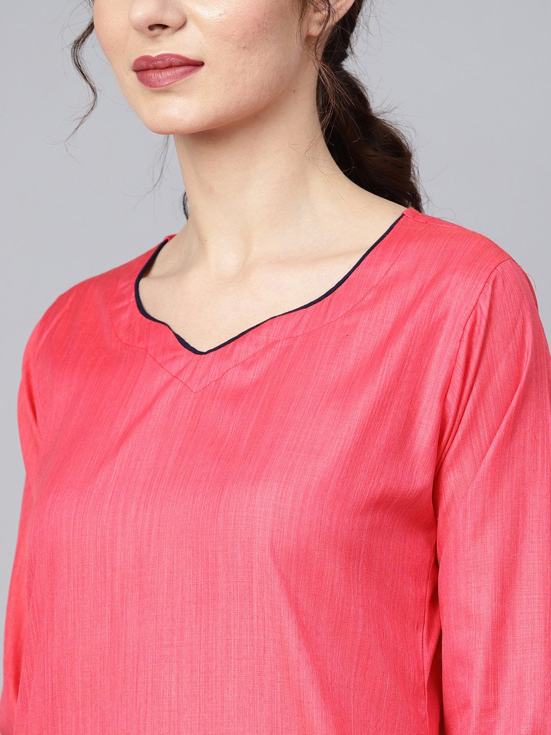 Red 3/4Th Sleeve Cotton Kurta Set With Pleated Salwar & Blue Dupatta | LASVINI - Redefining Indian Fashion with Elegance