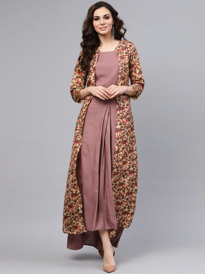 Purple Crop Top Set With Partially Elasticated Skirt & Long Printed Jacket | LASVINI - Redefining Indian Fashion with Elegance