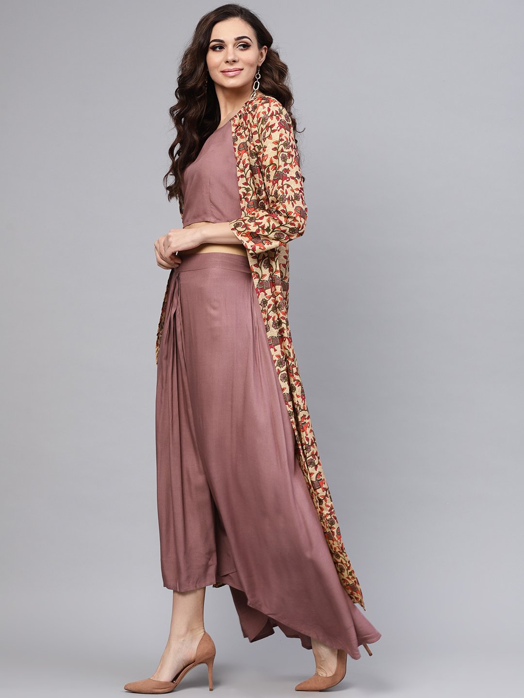 Purple Crop Top Set With Partially Elasticated Skirt & Long Printed Jacket | LASVINI - Redefining Indian Fashion with Elegance