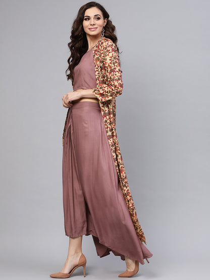 Purple Crop Top Set With Partially Elasticated Skirt & Long Printed Jacket | LASVINI - Redefining Indian Fashion with Elegance
