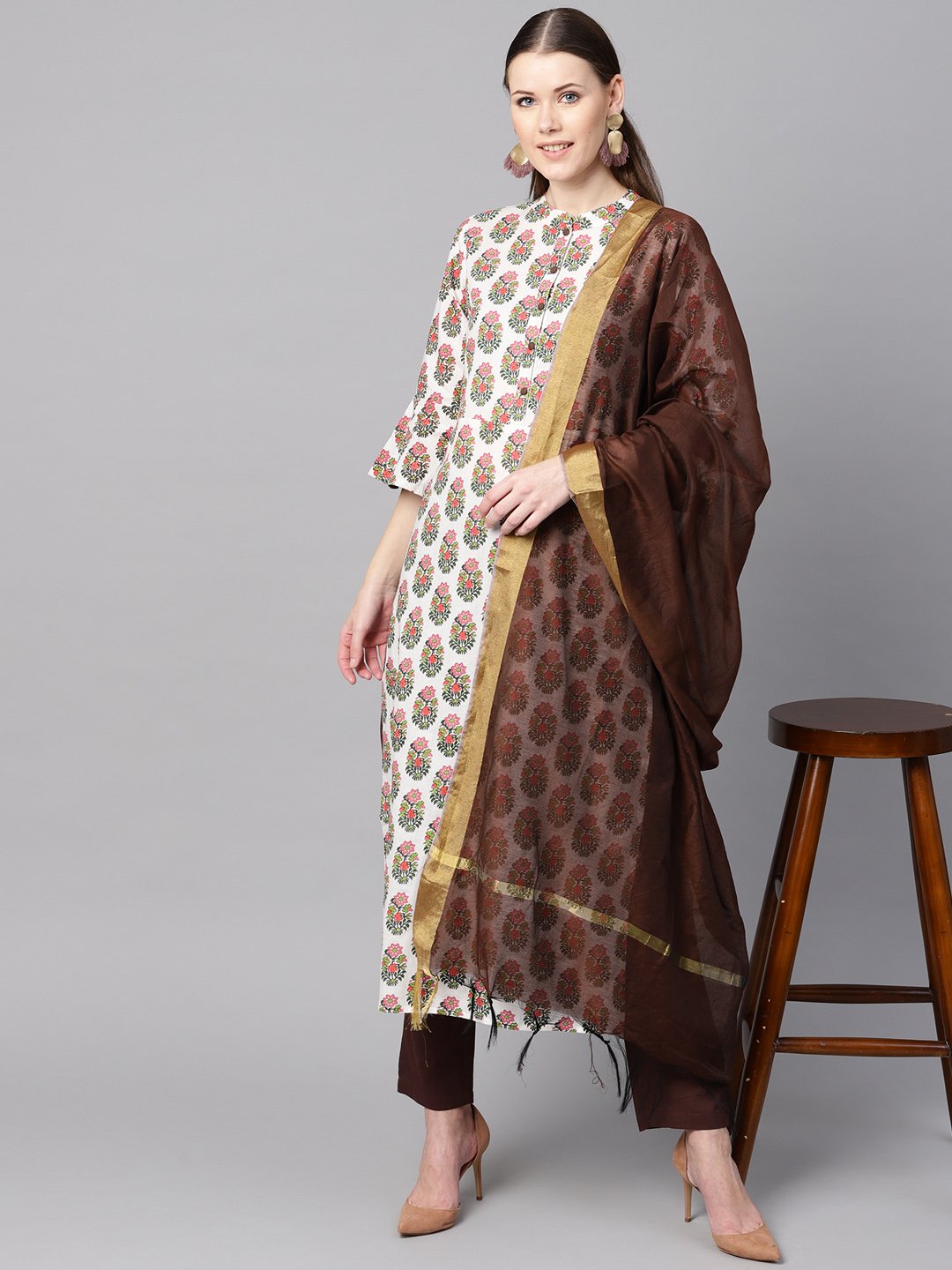 Multi Colored Straight Kurta With Solid Chocolate Brown Pants & Dupatta | LASVINI - Redefining Indian Fashion with Elegance