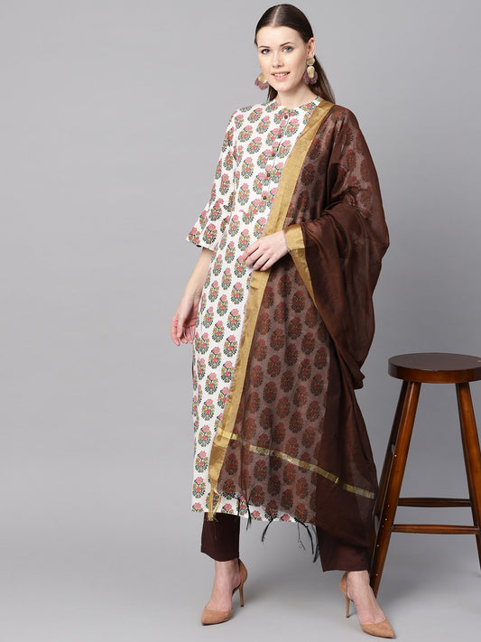 Multi Colored Straight Kurta With Solid Chocolate Brown Pants & Dupatta | LASVINI - Redefining Indian Fashion with Elegance