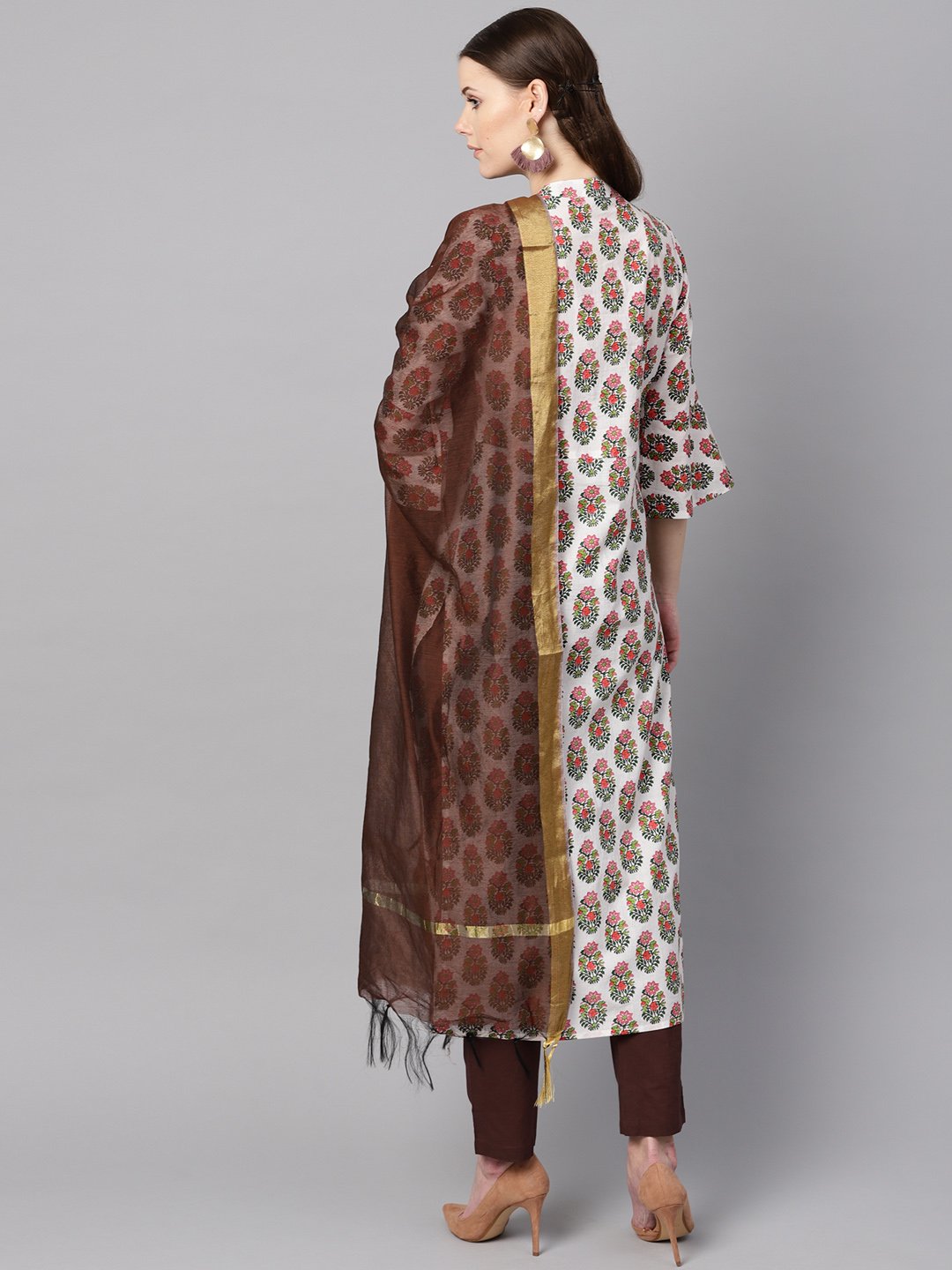 Multi Colored Straight Kurta With Solid Chocolate Brown Pants & Dupatta | LASVINI - Redefining Indian Fashion with Elegance