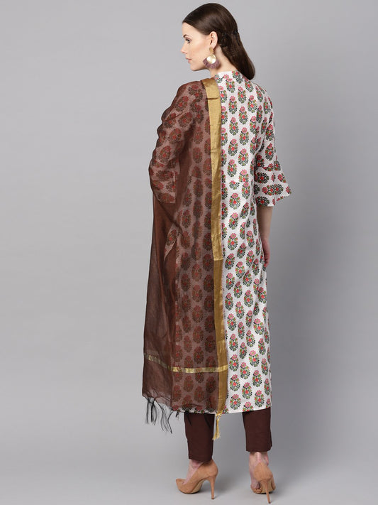 Multi Colored Straight Kurta With Solid Chocolate Brown Pants & Dupatta | LASVINI - Redefining Indian Fashion with Elegance