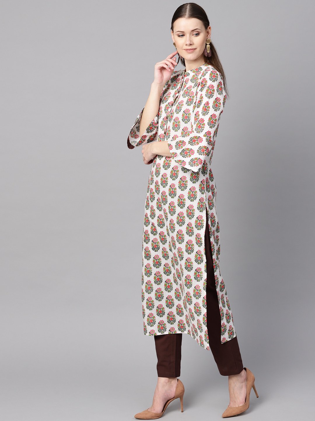 Multi Colored Straight Kurta With Solid Chocolate Brown Pants & Dupatta | LASVINI - Redefining Indian Fashion with Elegance