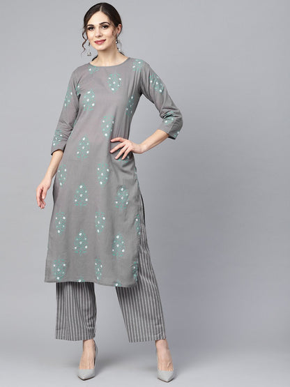 Grey Round Neck Floral Printed 3/4Th Sleeve Straight Kurta With Stripped Pants. | LASVINI - Redefining Indian Fashion with Elegance