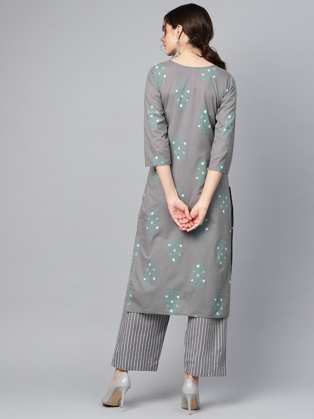 Grey Round Neck Floral Printed 3/4Th Sleeve Straight Kurta With Stripped Pants. | LASVINI - Redefining Indian Fashion with Elegance
