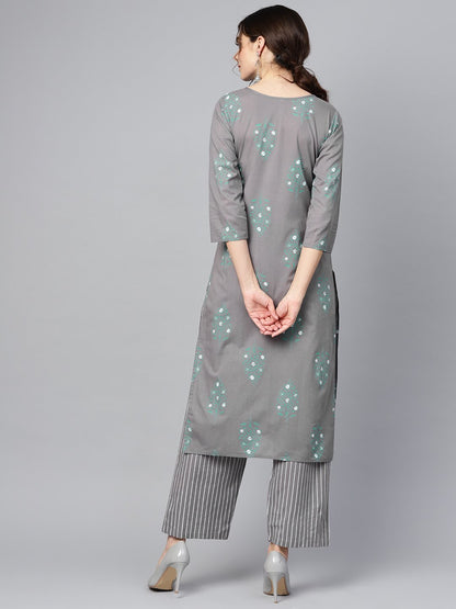 Grey Round Neck Floral Printed 3/4Th Sleeve Straight Kurta With Stripped Pants. | LASVINI - Redefining Indian Fashion with Elegance