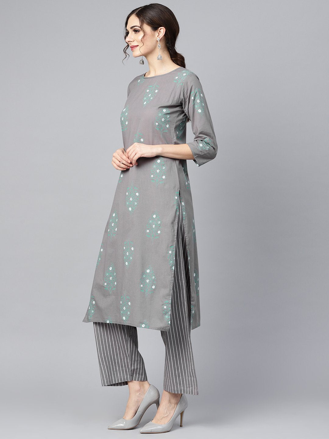 Grey Round Neck Floral Printed 3/4Th Sleeve Straight Kurta With Stripped Pants. | LASVINI - Redefining Indian Fashion with Elegance