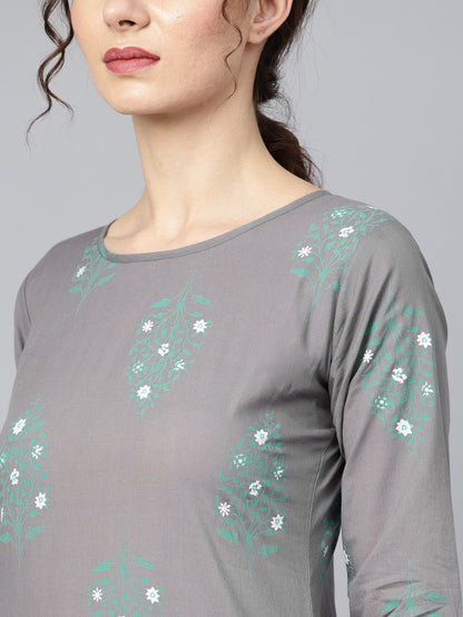 Grey Round Neck Floral Printed 3/4Th Sleeve Straight Kurta With Stripped Pants. | LASVINI - Redefining Indian Fashion with Elegance