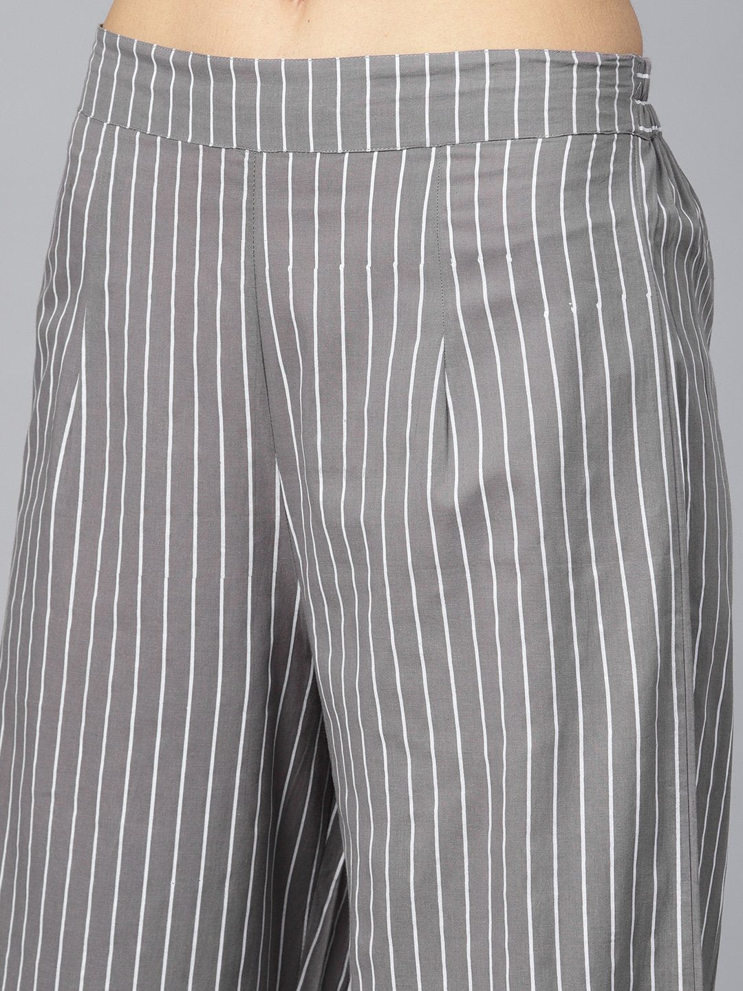 Grey Round Neck Floral Printed 3/4Th Sleeve Straight Kurta With Stripped Pants. | LASVINI - Redefining Indian Fashion with Elegance