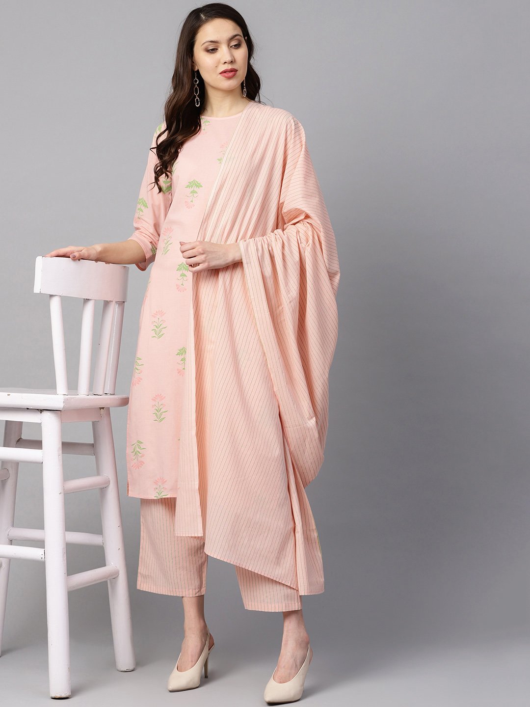 Peach Printed Floral Round Neck 3/4Th Sleeve Straight Kurta With Stripped Pants And Printed Kurta. | LASVINI - Redefining Indian Fashion with Elegance