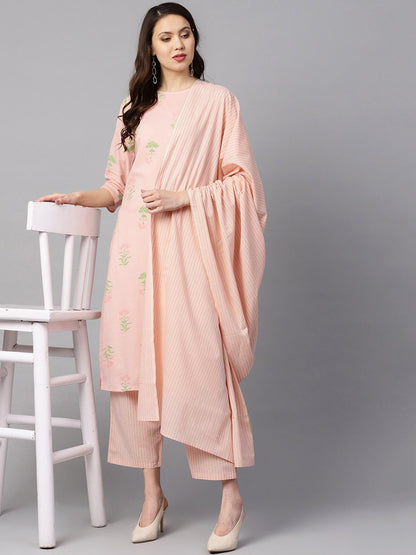 Peach Printed Floral Round Neck 3/4Th Sleeve Straight Kurta With Stripped Pants And Printed Kurta. | LASVINI - Redefining Indian Fashion with Elegance