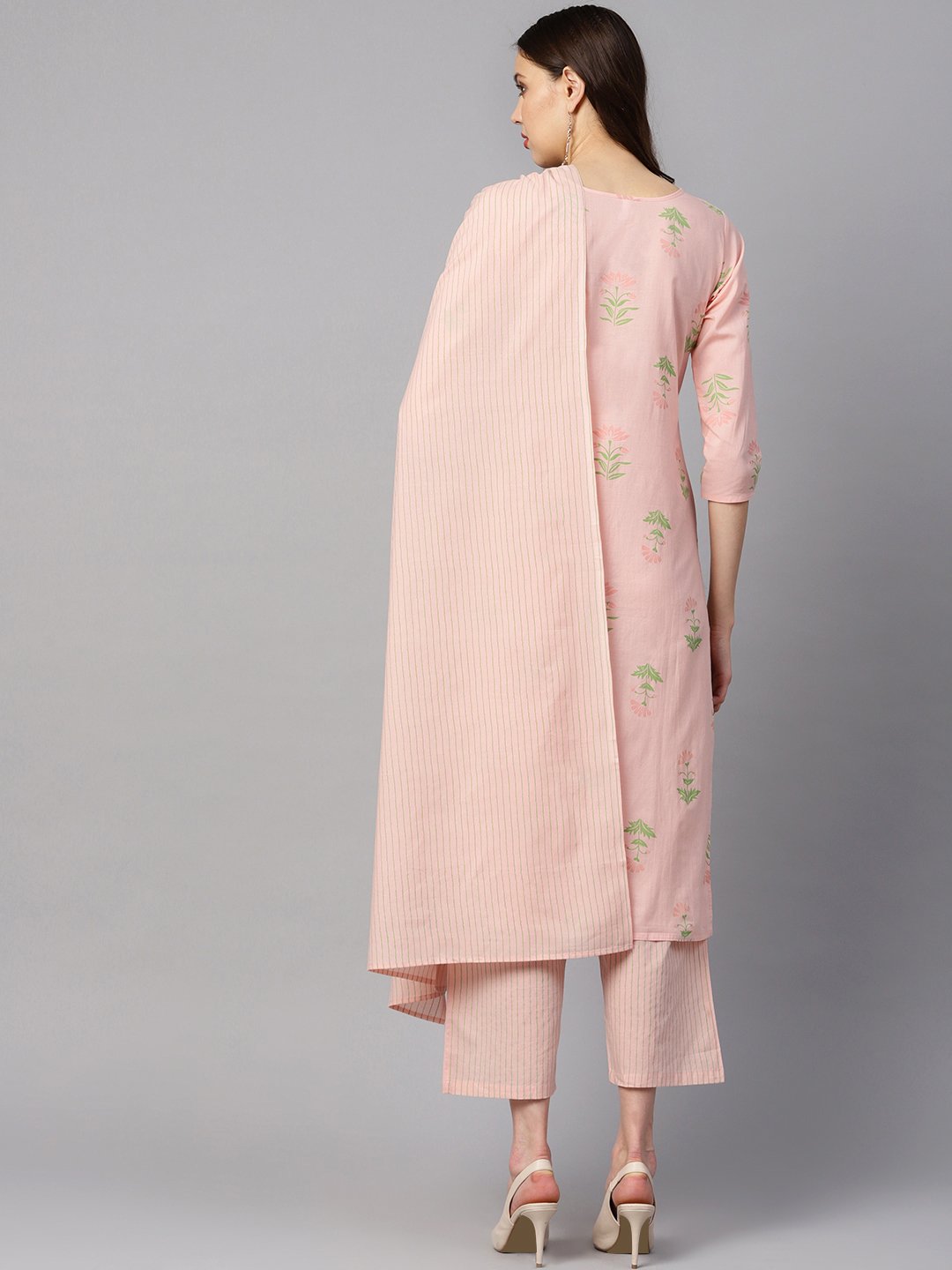Peach Printed Floral Round Neck 3/4Th Sleeve Straight Kurta With Stripped Pants And Printed Kurta. | LASVINI - Redefining Indian Fashion with Elegance