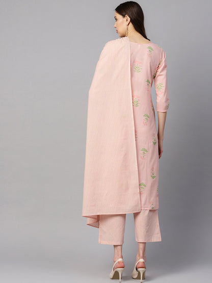 Peach Printed Floral Round Neck 3/4Th Sleeve Straight Kurta With Stripped Pants And Printed Kurta. | LASVINI - Redefining Indian Fashion with Elegance