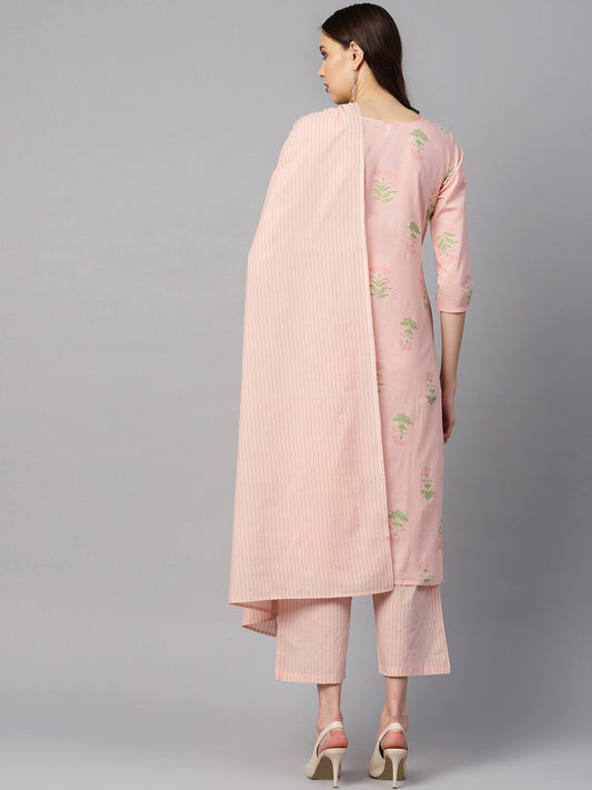 Peach Printed Floral Round Neck 3/4Th Sleeve Straight Kurta With Stripped Pants And Printed Kurta. | LASVINI - Redefining Indian Fashion with Elegance