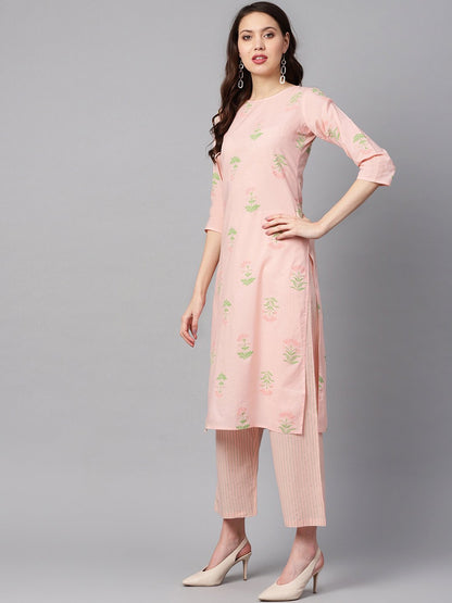 Peach Printed Floral Round Neck 3/4Th Sleeve Straight Kurta With Stripped Pants And Printed Kurta. | LASVINI - Redefining Indian Fashion with Elegance