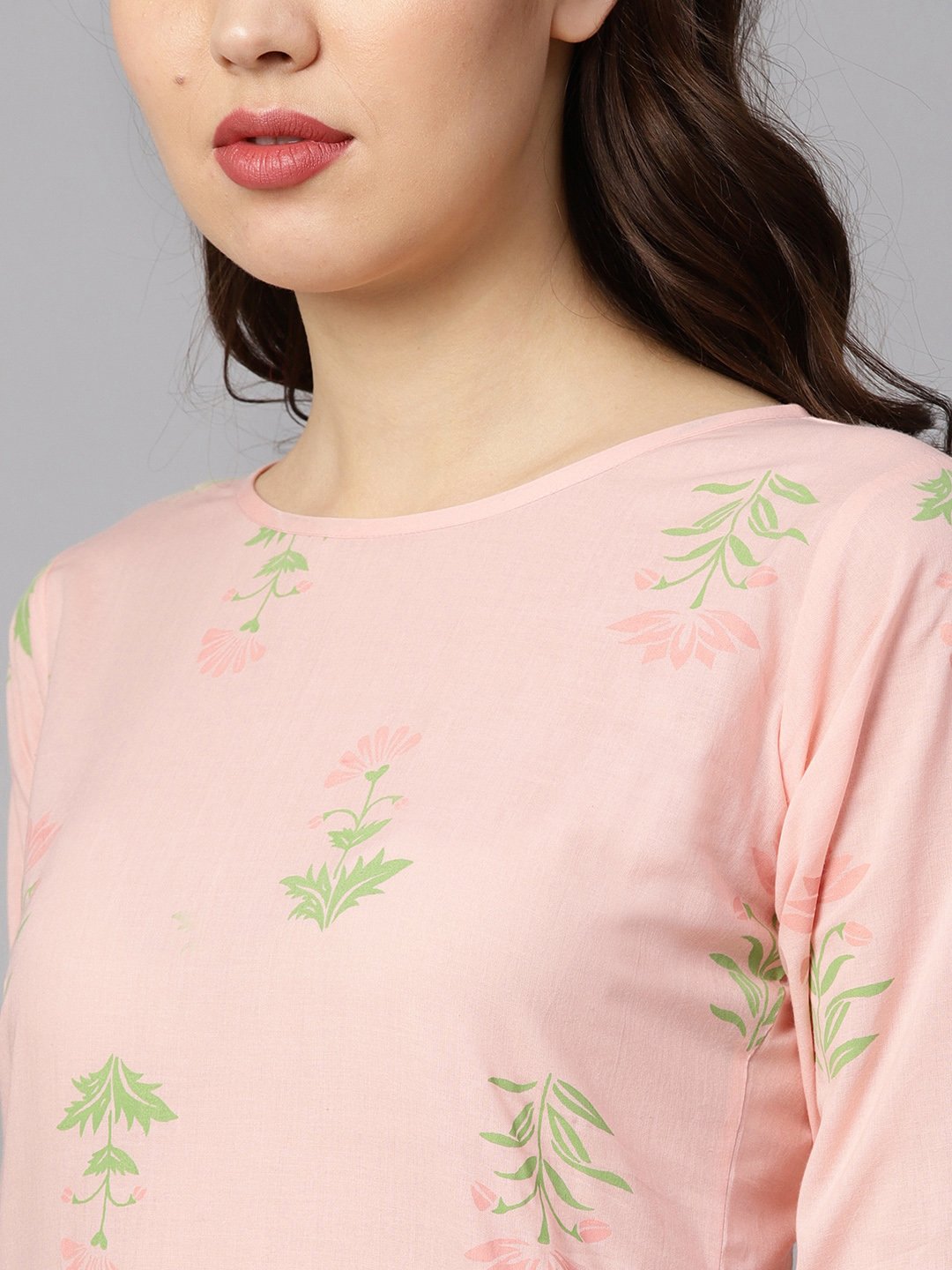 Peach Printed Floral Round Neck 3/4Th Sleeve Straight Kurta With Stripped Pants And Printed Kurta. | LASVINI - Redefining Indian Fashion with Elegance