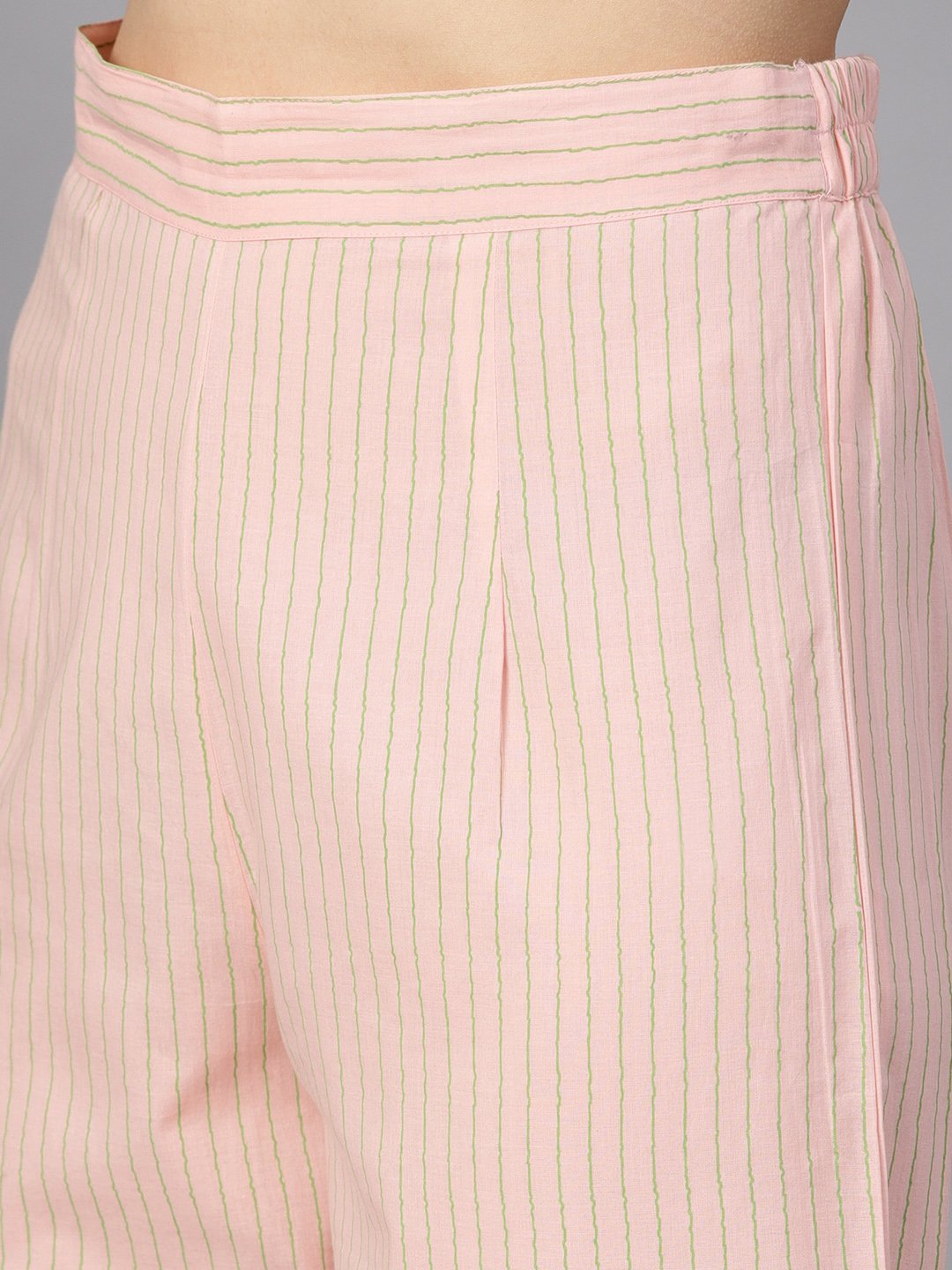 Peach Printed Floral Round Neck 3/4Th Sleeve Straight Kurta With Stripped Pants And Printed Kurta. | LASVINI - Redefining Indian Fashion with Elegance