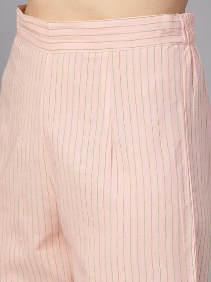 Peach Printed Floral Round Neck 3/4Th Sleeve Straight Kurta With Stripped Pants And Printed Kurta. | LASVINI - Redefining Indian Fashion with Elegance